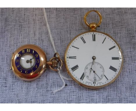AN 18CT YELLOW GOLD OPEN-FACE POCKET WATCH, the white enamel dial inscribed 'Lecomte, Genieve', key wound and one other 9ct h