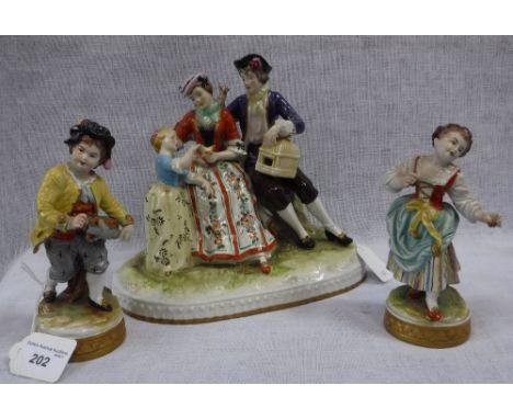 THREE MEISSEN STYLE FIGURE GROUPS, one of a boy playing a hurdy-gurdy