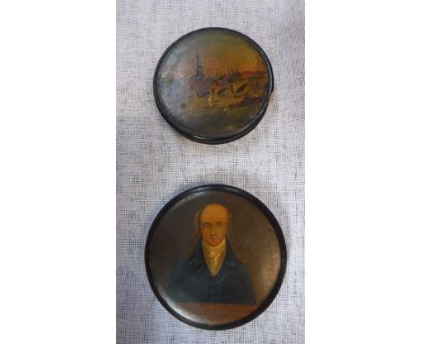 TWO PAPIER MACHE SNUFF BOXES, one decorated with a portrait..... 'Pray and Reform' (2)