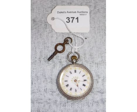 AN ENGRAVED SILVER-CASED FOB WATCH with gilt and white enamel dial