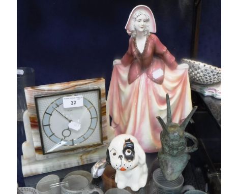 A CROWN DEVON PUPPY, a Katzhutte study of a woman, a mantel clock and sundries