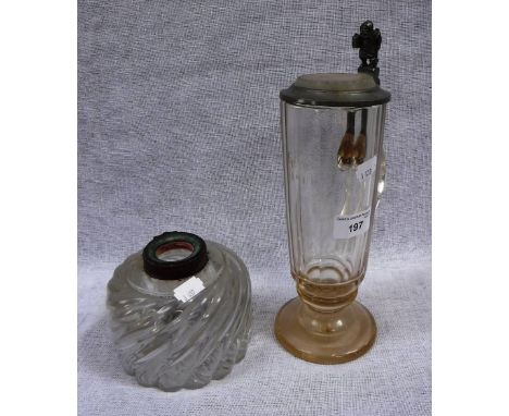 A LARGE GLASS BODIED INKWELL and glass lidded tankard