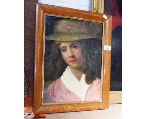 AN OIL ON CANVAS (laid onto board) portrait of a young woman in a green hat 