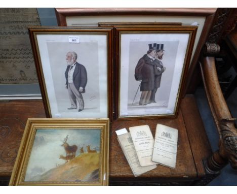 THREE SPY PRINTS, a naive Victorian oil painting of a stag, a Russell Flint style print and three Ordnance Survey maps 
