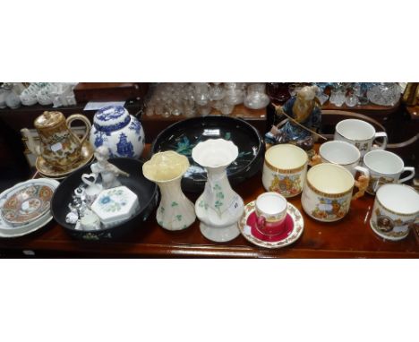 TWO BELLEEK VASES, a Japanese teapot, Commemorative mugs and similar ceramics