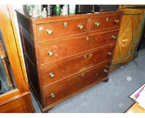 A 19TH CENTURY OAK CHEST OF DRAWERS with brass knobs, on bracket feet, 42'' wide