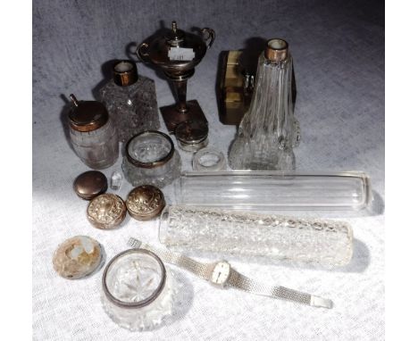 A CUT-GLASS AND SILVER LIDDED INKWELL and a collection of similar items