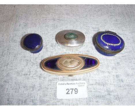 AN ENAMEL PATCH BOX with blue lid and another similar and a hair mounted ivory box