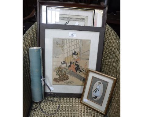 AN INDO-PERSIAN PAINTING of a man holding a flower, a Japanese print, a Chinese scroll and other Oriental items