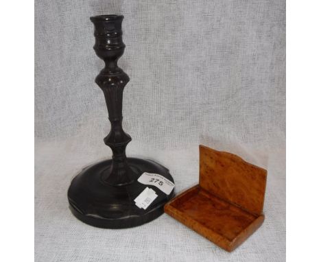 A TURNED WOODEN CANDLESTICK and a snuffbox 
