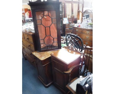 AN EDWARDIAN WALNUT POT CUPBOARD, a similar cabinet and a glazed hanging cornet cupboard (3)