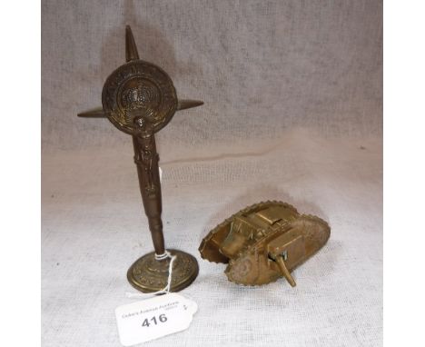 A TRENCH ART CROSS formed from bullets with German motto 'GOTT MIT UNS' and a similar ornament of a First World War Tank (2)