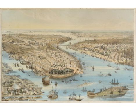 *New York. Bachmann (John), [Birds Eye View of New-York & Brooklyn], published A. Guerber & Co., circa 1855, lithograph with 