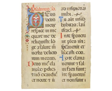 *Illuminated initial. A leaf from a manuscript psalter on vellum, late 15th century,  in Latin, two columns, initials alterna