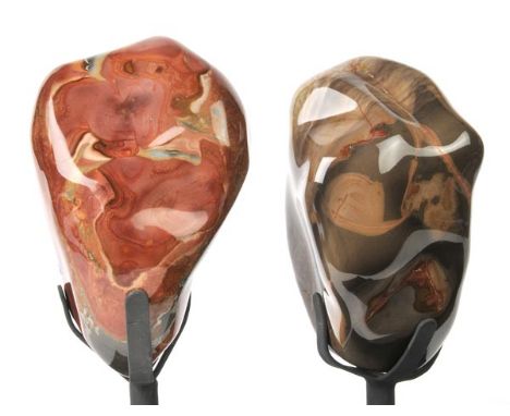 *Two Large Polychrome Jasper polished free forms on custom base. A beautifully matched pair,  each weighing approx. 5 kg each