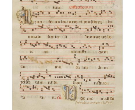 *Manuscript bifolium. A manuscript musical bifolium, possibly Germany, circa 1500,  in Latin with 4-line staves in red, the s
