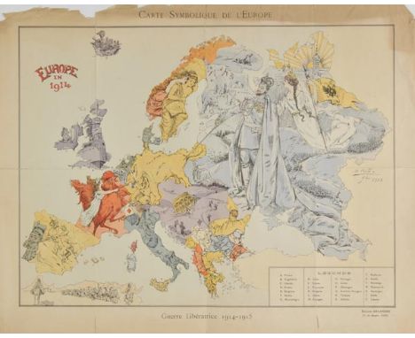 Europe. Cret‚ (B.), Carte Symbolique de L'Europe, Guerre Lib‚ratrice 1914 - 1915, published Paris, 1914, lithograph, old fold