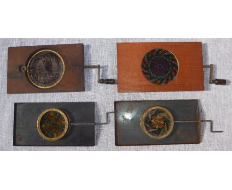 TWO 19TH CENTURY MAHOGANY FRAMED RACK WORK KALEIDOSCOPIC MAGIC LANTERN SLIDES and two similar with metal frames (4)