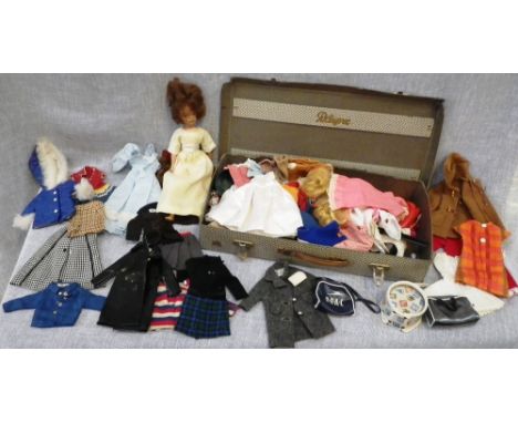 SINDY BY PEDIGREE: A VINTAGE SINDY DOLL and a collection of period clothing including mini skirts, shoes, a long plack plasti