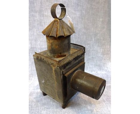 A VICTORIAN TIN MAGIC LANTERN, 14" high