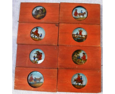 A SET OF EIGHT CARPENTER & WESTLEY WOODEN FRAMED GLASS MAGIC LANTERN SLIDES 'The Miller and the Ass'