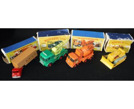 MATCHBOX: FOUR BOXED COMMERCIAL VEHICLES, Boden Breakdown Tractor (model K12 Kingsize), Ready Mix Concrete Truck (K13), D9 Ca