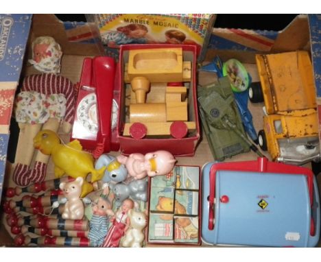 A COLLECTION OF VINTAGE TOYS including a toy telephone, wooden toys, a Dinky Chieftain tank and similar items