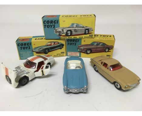 Corgi toys, boxed, #324 Marcos 1800 GT with Volvo engine, #303 Mercedes Benz 300SL open roadster and #228 Volvo P1800