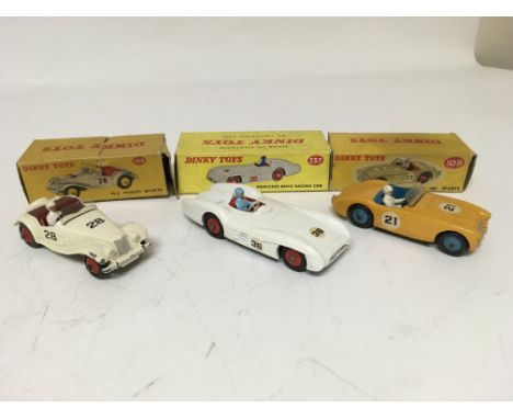 Dinky toys, boxed, #108 MG Midget sports, #237 Mercedes Benz racing car and #109 Austin Healey 100 sport