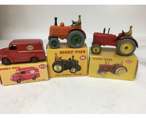 Dinky toys, #450 Trojan van ESSO, #301 Field Marshall tractor and #300 Massey Harris tractor, boxed reproduction