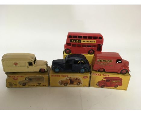 Dinky toys, boxed, #253 Daimler Ambulance, poor box, #254 Austin taxi, #451 Trojan van, Dunlop and #291 London bus