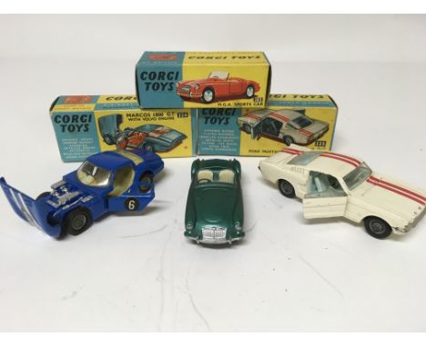 Corgi toys, boxed, #324 Marcos 1800GT with Volvo engine, #302 MGA sports and #325 Ford Mustang competition model