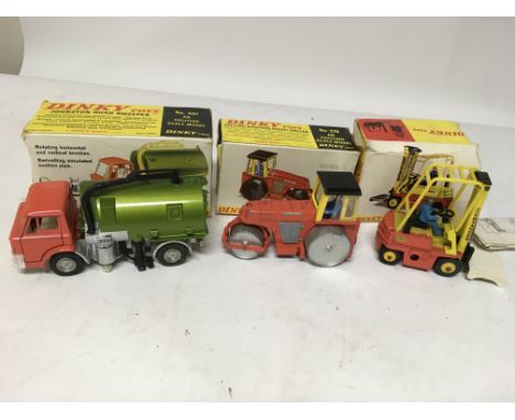 Dinky toys, boxed, #451 Road sweeper, #279 Diesel roller and #404 Fork lift truck, tatty boxes