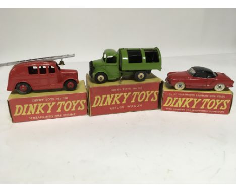 Dinky toys, boxed, #250 Streamlined fire engine, #252 Refuse wagon and #187 Volkswagen karmann Ghia coupe