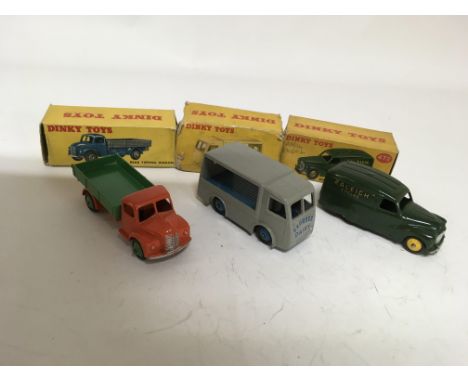 Dinky toys, boxed, #414 rear tipping wagon , missing flap on box, #491 Electric dairy van, poor box and #472 Austin van , Ral