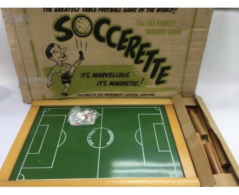 A vintage boxed Soccerette table football game.