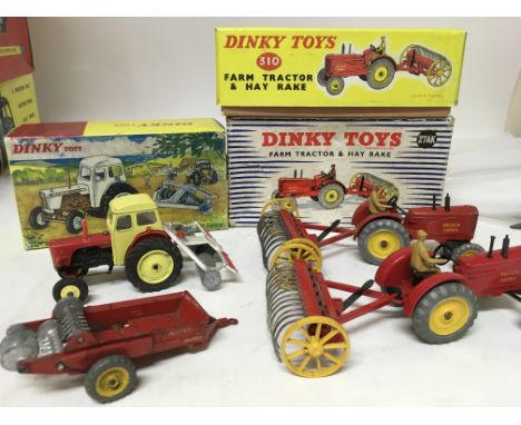 Dinky toys, boxed, #325 David Brown tractor with disc Harrow, #310 Farm tractor and hay rack, #27AK Farm tractor and hay rack