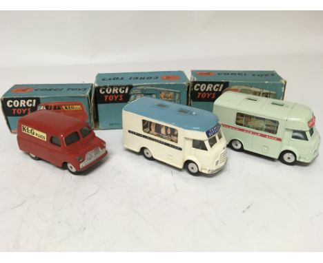 Corgi toys, boxed, #403M Bedford van KLG plugs, #413 Smiths mobile butchers shop and #407 Smiths mobile shop