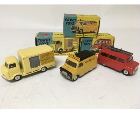 Corgi toys, boxed, #411 karrier Bantum Lucozade van, end flap missing on box, #408 Bedford AA road service van and #423 Bedfo