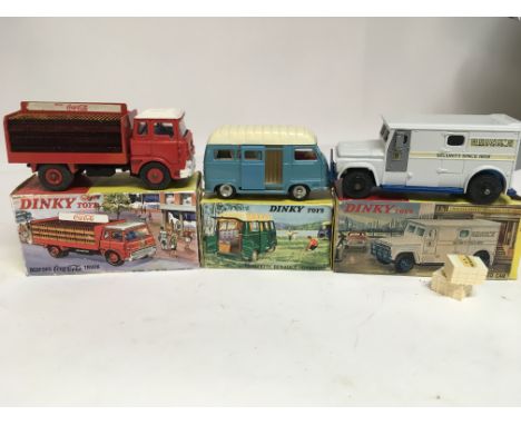 Dinky toys, boxed, #402 Bedford Coka cola truck, #565 Renault camper van and #275 Brinks Armoured car.