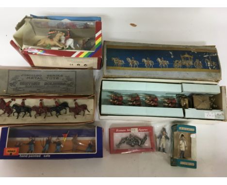 A collection of boxed figures including Johillco British soldiers, lead, boxed, Coronation coach, Diecast, plastic Wild West 