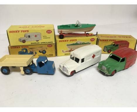 Dinky toys, boxed, #253 Daimler Ambulance, #415 Mechanical horse and open wagon, #796 Healey sports boat on trailer and #470 