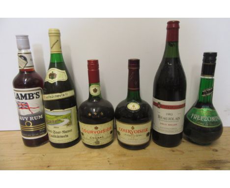 Two bottles Courvoisier Cognac (one Luxe, one V.S.), one litre 1993 Beaujolais L. Bonard, and three other bottles (6) (Est. p