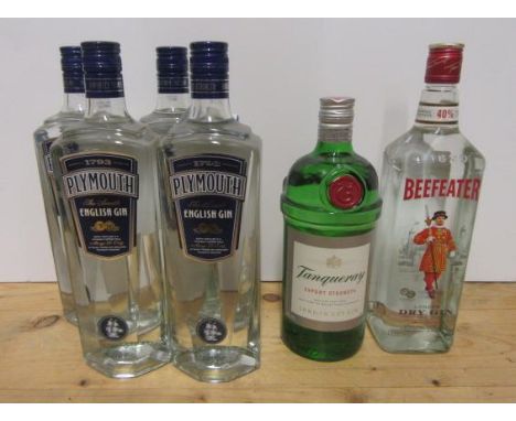 Six litre bottles of Gin comprising four Plymouth English Gin, one Tanqueray London Dry Gin and one Beefeater London Dry Gin 