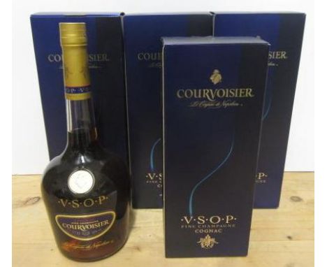 Three litre bottles V.S.O.P. Courvoisier Cognac, together with a similar 70cl. bottle, all boxed (Est. plus 21% premium inc. 