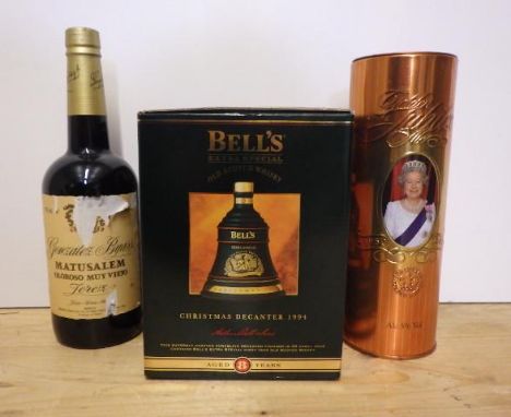 One bottle Matusalem Oloroso Muyviejo Jerez Gonzalez Byass, one Bell's Christmas Decanter 1994 8 year old, boxed, and one bot
