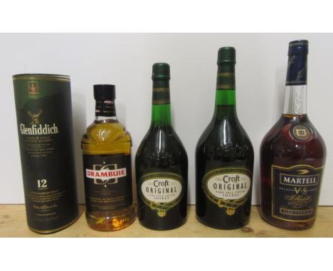 One litre Martell Fine Cognac, one litre Croft Original Irish Cream, one bottle Croft Original Irish Cream, one bottle Drambu