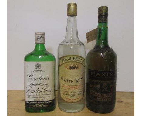 One bottle Maxime Freres Napoleon Brandy, one bottle Four Bells White Rum, one bottle Gordons Gin (3) (Est. plus 21% premium 