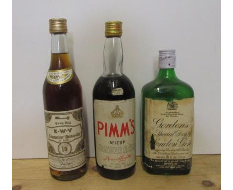 One 24oz bottle KWV Liqueur Brandy (S.A.), one bottle Gordons Gin, one bottle Pimms No.1 (3) (Est. plus 21% premium inc. VAT)