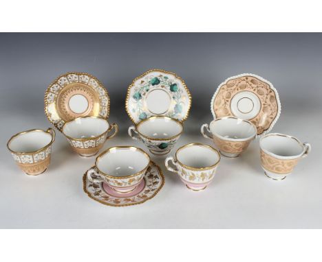 Three Flight, Barr Barr Worcester trios, circa 1815-20, the first gilt with fruiting vine against a pink ground, the second g